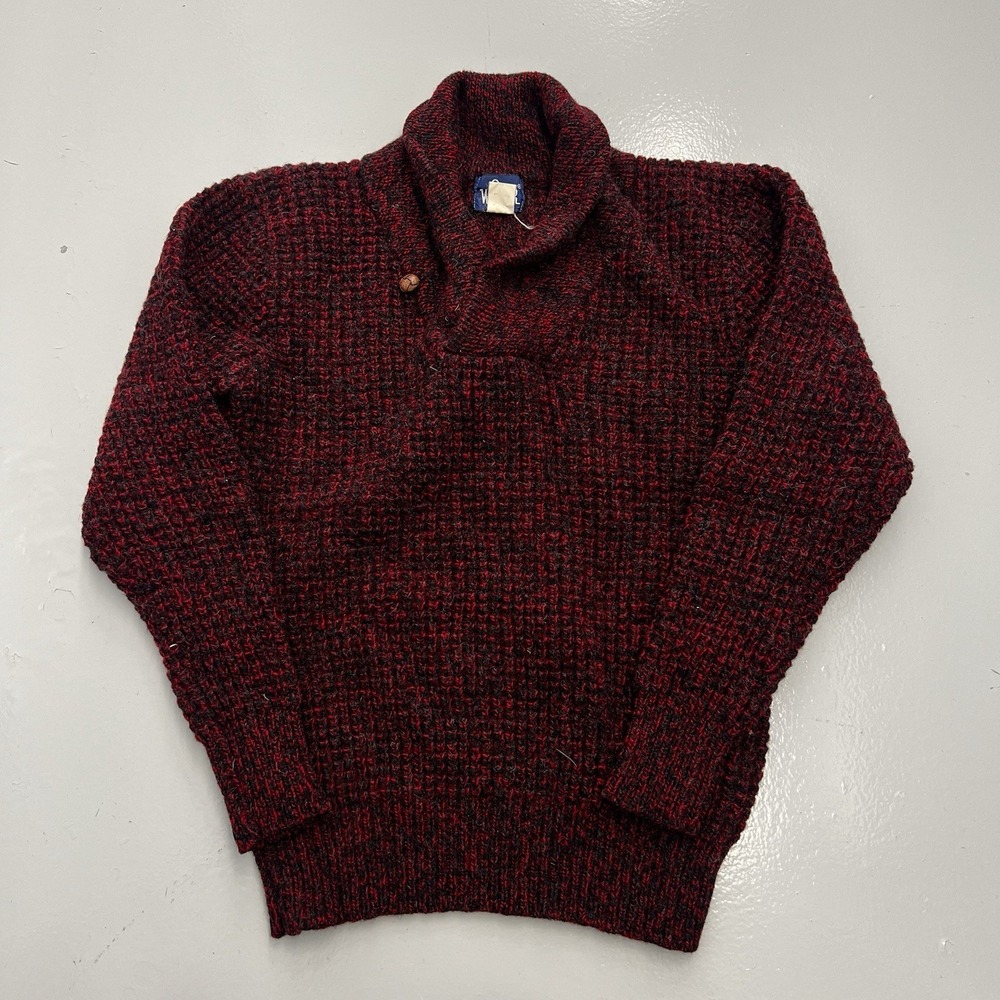 Woolrich Mens Large Red Black Shawl Collar Chunky Knit Button Sweater Vintage